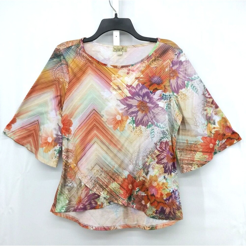 One World Shirt Womens Size S Orange Floral Bell Sleeve Pullover Top
